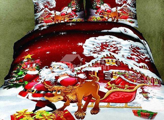 3d Santa And Reindeer Printed Cotton 4-piece Bedding Sets/duvet Covers