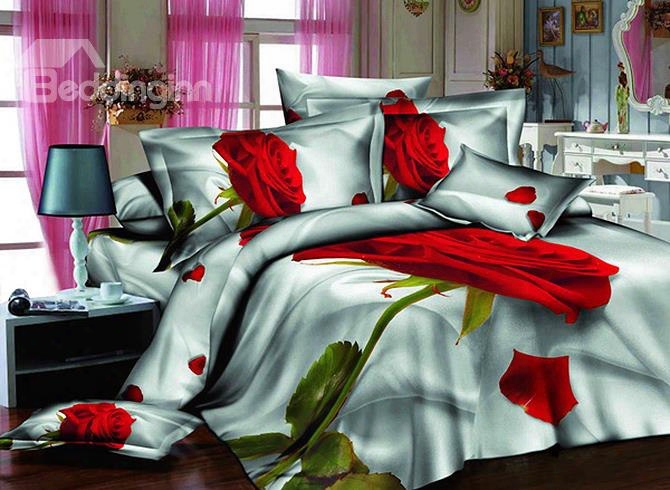 3d Single Red Rose Printed Cotton 4-piece Bedding Sets/duvet Covers