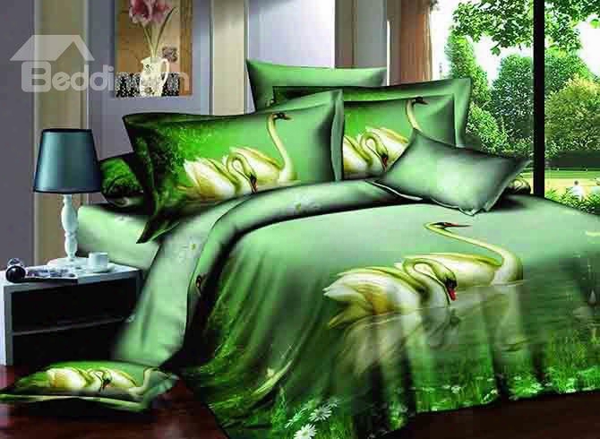 3d Swans On Lake Printed Cotton 4-piece Green Bedding Sets/duvet Covers