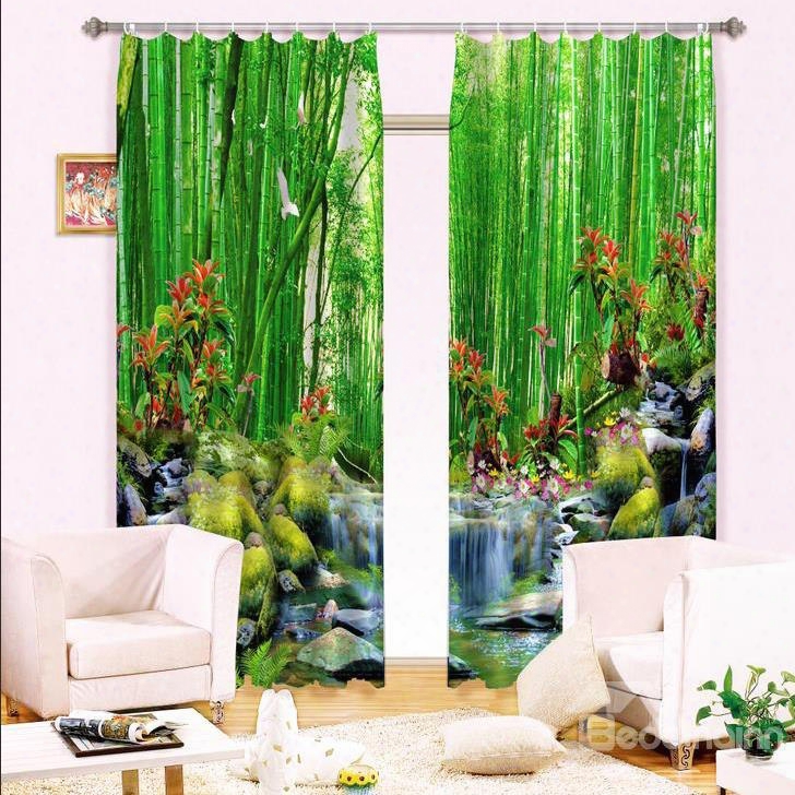 3d Thick Bamboos And Flowing River Printed Living Room Energy Saving 3d Curtain