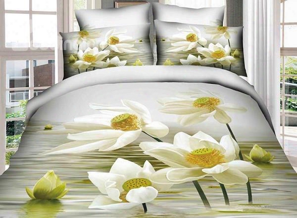 3d White Lotus Printed Cottoon Full Size 4-piece Bedding Sets/duvet Covers