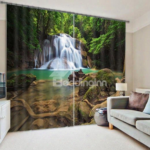 3d Wonderfull Waterfalls Flowing In Deep Forest Printed Polyester Custom Curtain