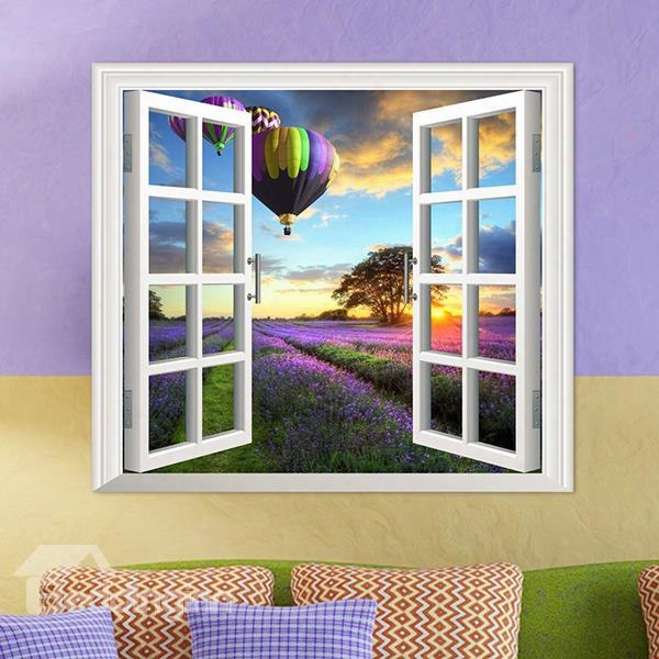 Air Balloons Over Lavender Field Window View Removable3 D Wall Sticker
