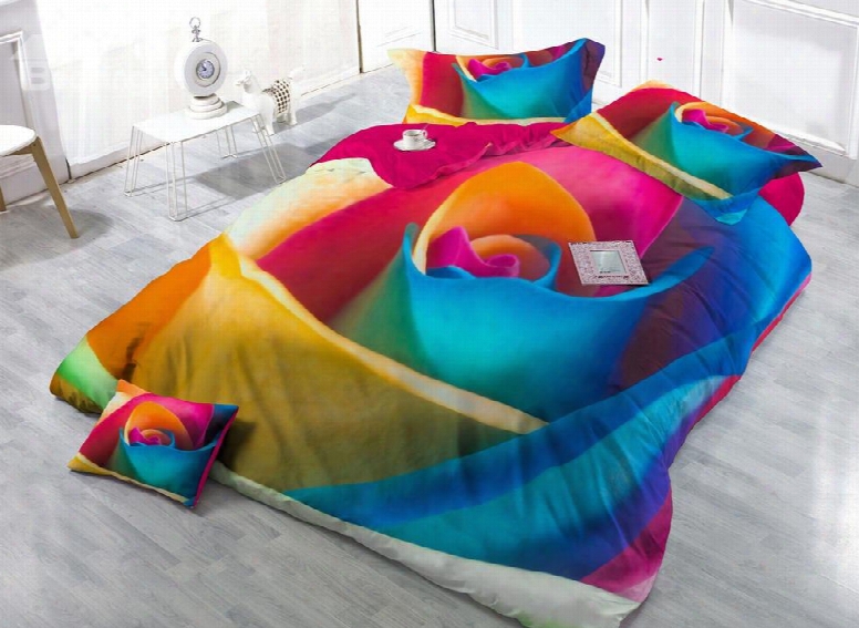 Big Colorful Rose Digital Print 4-piece Satin Cotton Duvet Cover Sets
