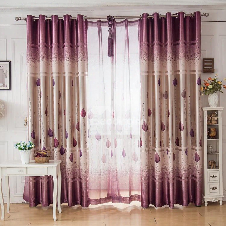 Blackout And Decoration Purple Tree And Leaves Elegant Style Grommet Top Room Curtain