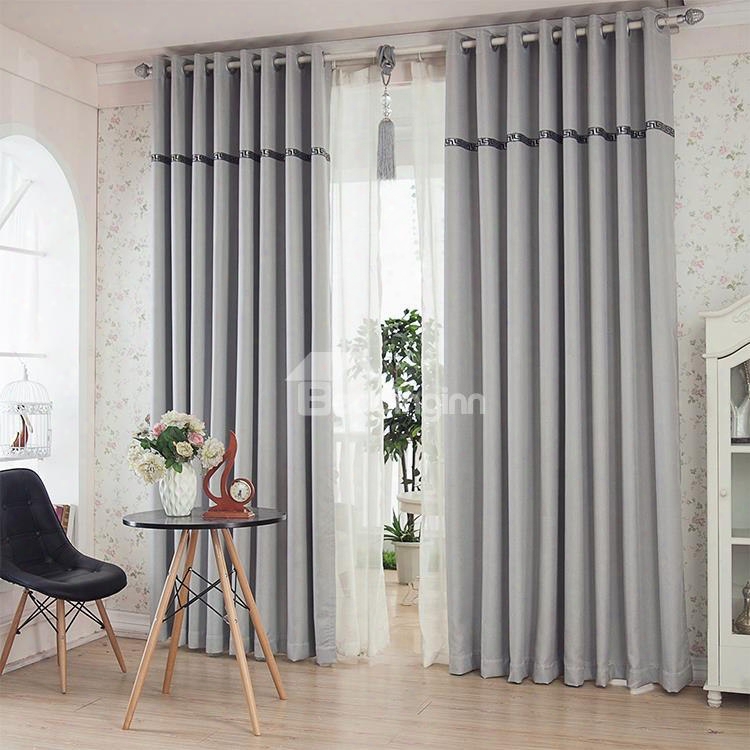 Blackout And Dust-proof P Olyester Japanese Style Solid Grey Grommet Top Curtain