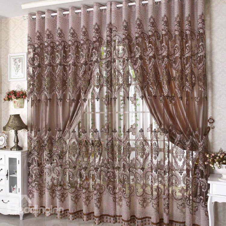 Blackout Polyester Coffee Color Damask Pattern Printing Noble Style Cuustom Sheer Curtain
