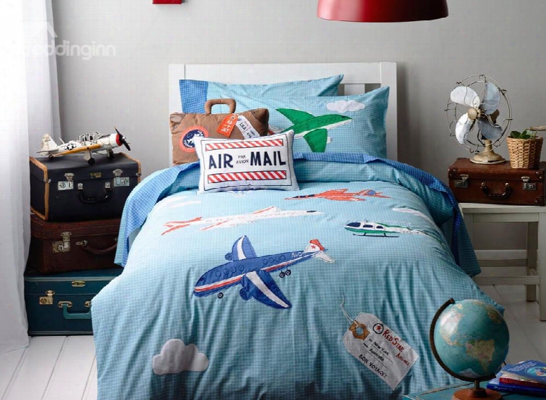 Blue Plane On The Sky  Print 4-piece Cotton Kids Duvet Cover Sets