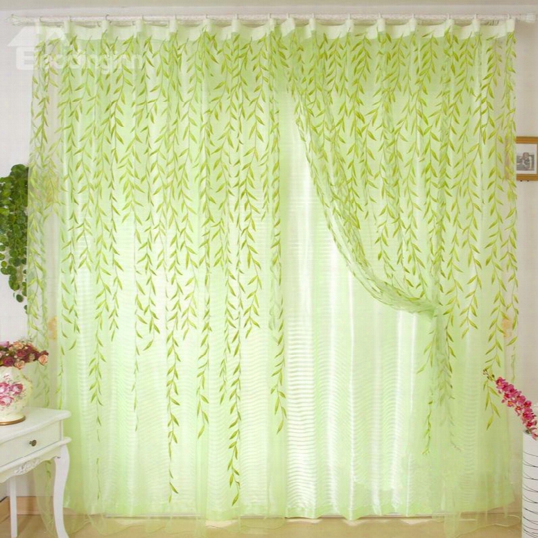 Breathable And Decorative Beautiful Green Willow Leavves Sheer And Shading Cloth Sets