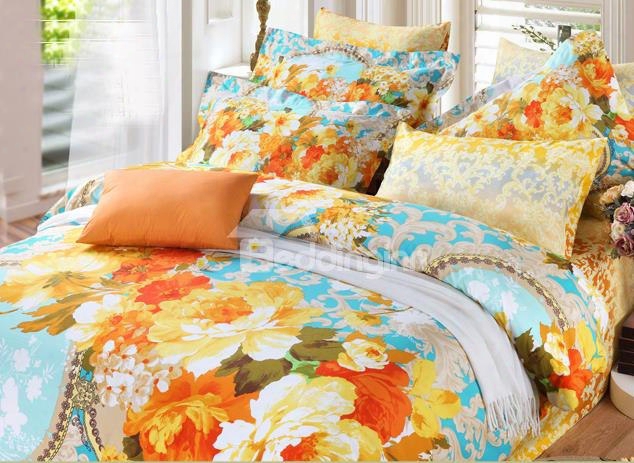 Bright Orange Garden Print 4-piece Cotton Duvet Cover Sets
