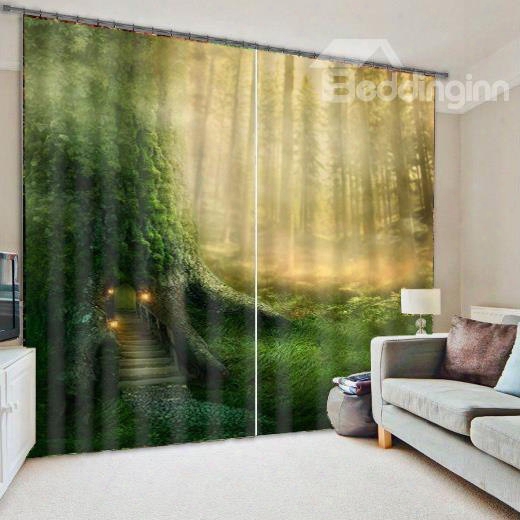 Cabin In Thick Green Fo Rest Dreamy And Mysterious Scenery Creative Shading Curtain