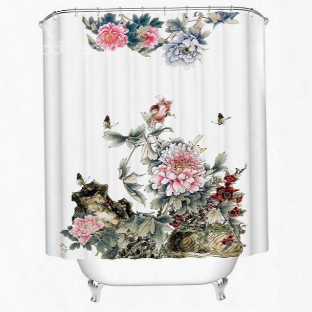 Chinoiserie Fancy Bu Tterfly Peony Print Shower Curtain