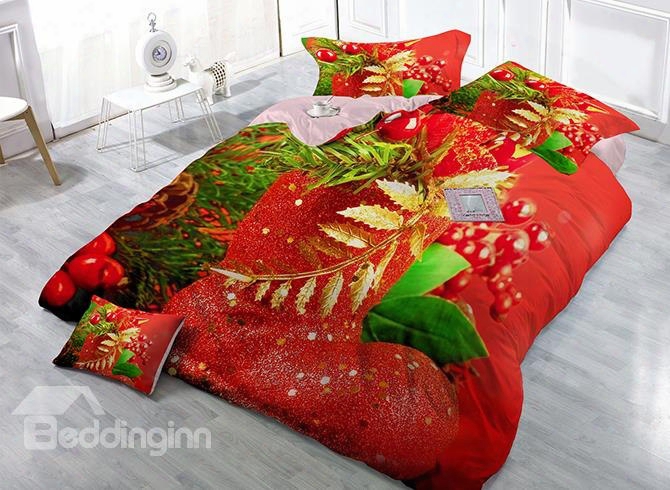 Christmas Decor Print Satin Drill 4-piece Red Duvet Cover Sets