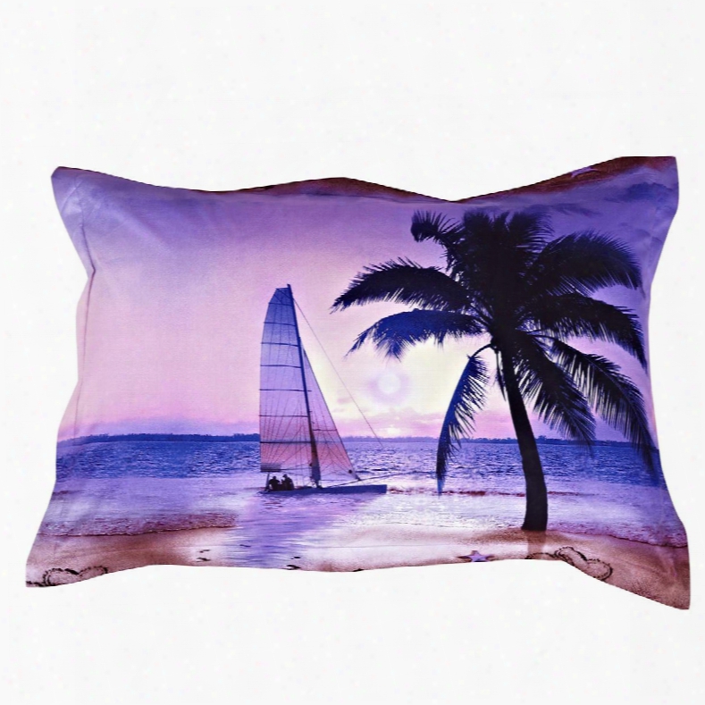 Coconut Tree And Sailing Ship Printing One Pair Cotton Pillowcases