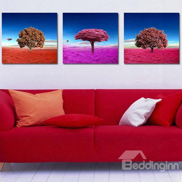 Colorful Grassland And Tree 3-piece Crystal Film Art Wall Print