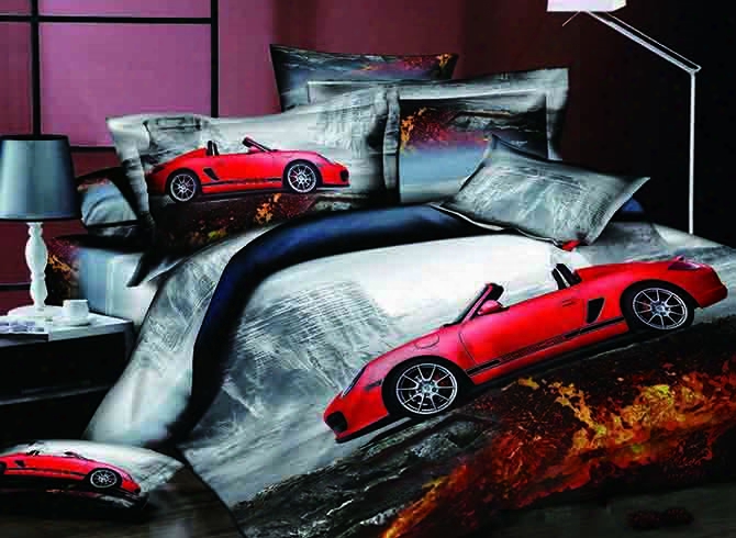 Cool Red Roadster Print 4-piece Cotton Duvet Cover Sets