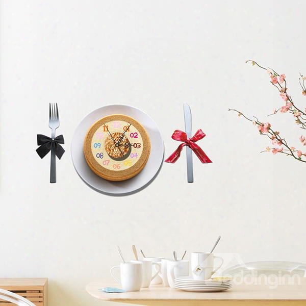 Creative Cake And Knife And Fork 3d Sticker Wall Clock