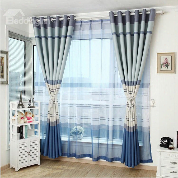 Decoration And Blackout Polyester Cotton Horizontal Stripes Classical Style Grommet Top Curtain
