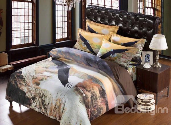 Eagle Flying Across Waterfall Print 6-piece Duvet Cover Sets