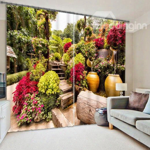 Elegant Garden With Flowers Printed Polyester Custom 3d Curtain For Living Room