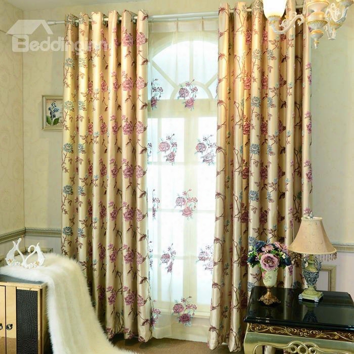 Elegant Luxury Peony Embossed Jacquard Grommet Top Curtain