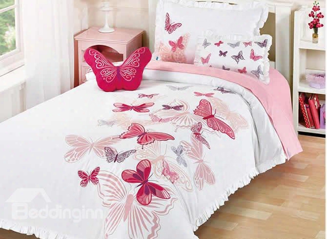 Embroidered Butterflies Printed 3-piece Cotton Pink Duvet Covers/bedding Sets