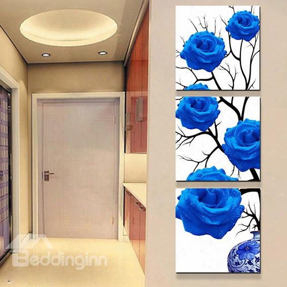 Entrance Hall Romantic Blue Roses 3-piece Crystal Film Art Wall Print