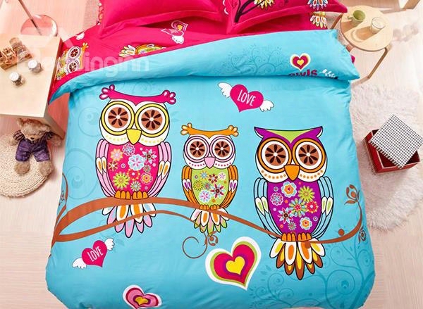 Family Of Little Owls Print 4-piece Natural Cotton Duvet Cover Sets