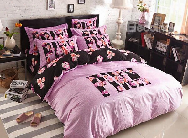 Fashion Pink And Black Pattern 4-piece Coral Fleece Duvet Cover Sets