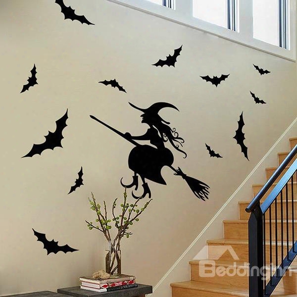 Festival Halloween Theme Witch Flying On Broom Removable Wall Sticker