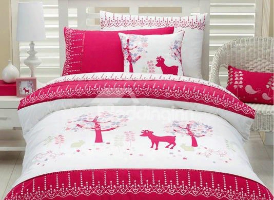 Flower Tree And Deer Print 3-piece Cotton Duvet Cover Sets