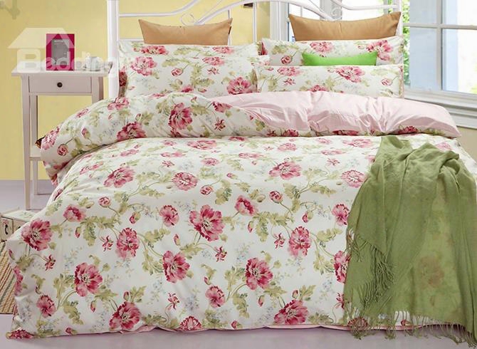 Fresh Floral Calystegia Hederacea Print Cotton 4-piece Bedding Sets/duvet Cover