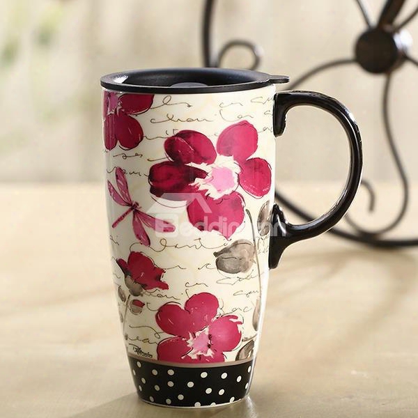 Gorgeous Flower Pattern Ceramic Versatile Sealed Lid Travel Coffee Mug