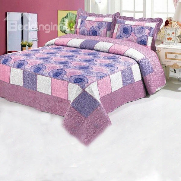 Grid Designed And Graceful Purple Flowers Printed Flocking Bed In A Bag