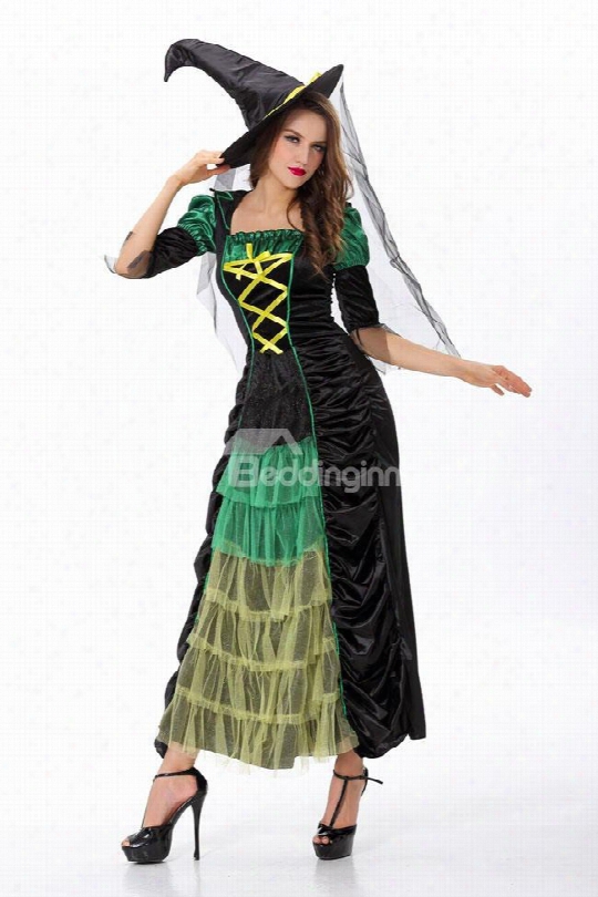 Lace And Layered Front Long Dress With Hat Costume