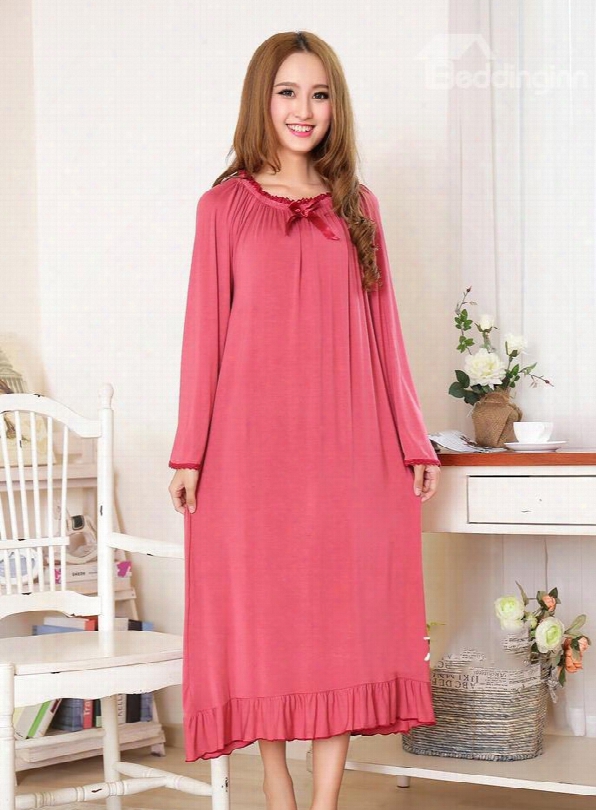 Light Date  Red Loose Fit Round Neck Ankle Hit Cotton Nightgown