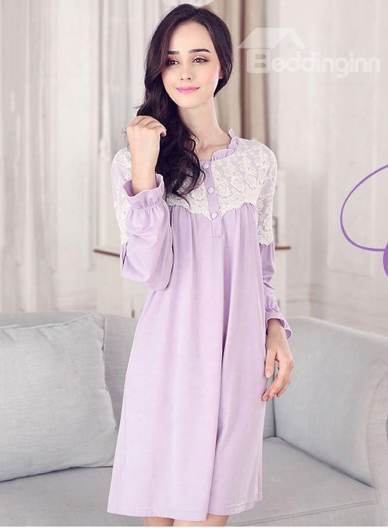 Lilac Comfy Cotton Lace Romantic Shoulder Long Sleeves Nightgown