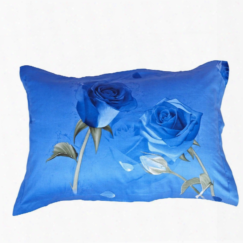 Luxury Blue Roses Print One Pair Cotton Pillowcases