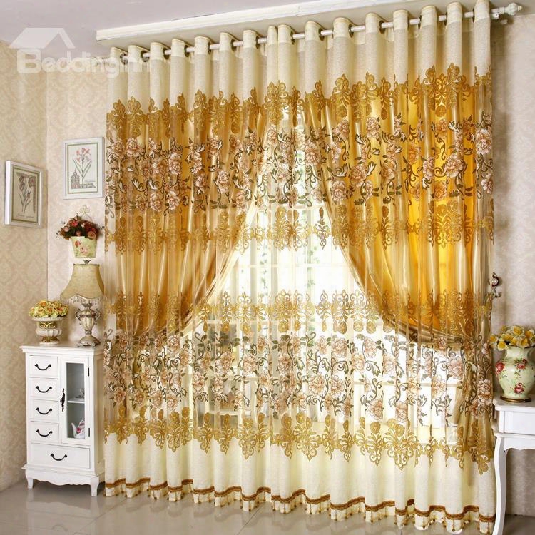 Luxury Golden Peony Printed Custom Living Room Sheer And Lining Curtain Sets