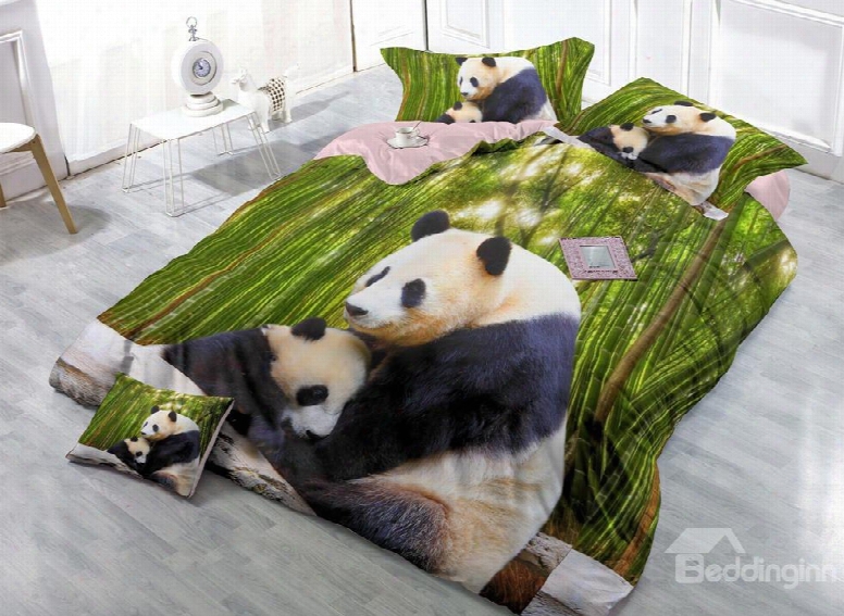Mother And Baby Panda Digital Print 4-piece Cotton Silky Duvet Cover Sets