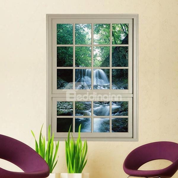 Natural Scenery 3d Window View Waterfall In Forest 3d Wall Sticker