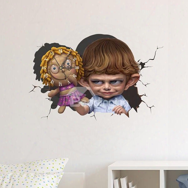 Naughty Kid Holding A Doll 3d Sticker Wall Clock