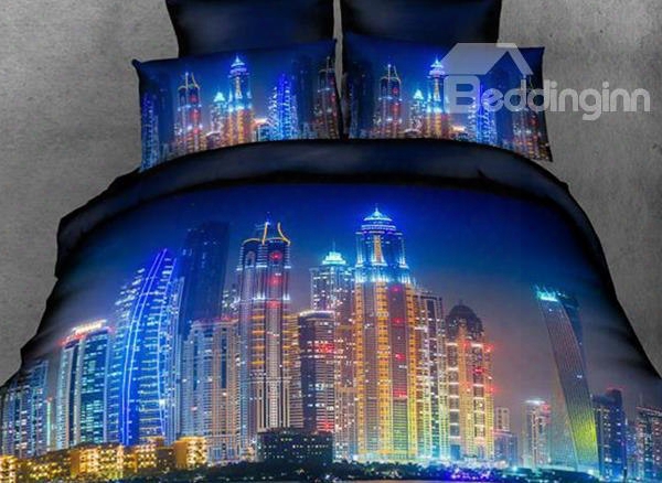 Neon City Of Night Print 4-piece Cotton Duvet Cover Sets