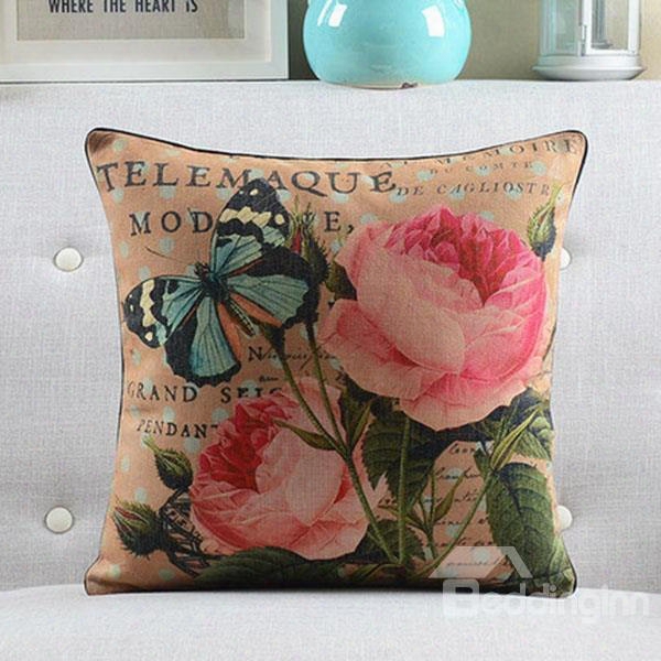 New Arrival Pink Flowers And Vivid Butterfly Retro Style Throw Pillow