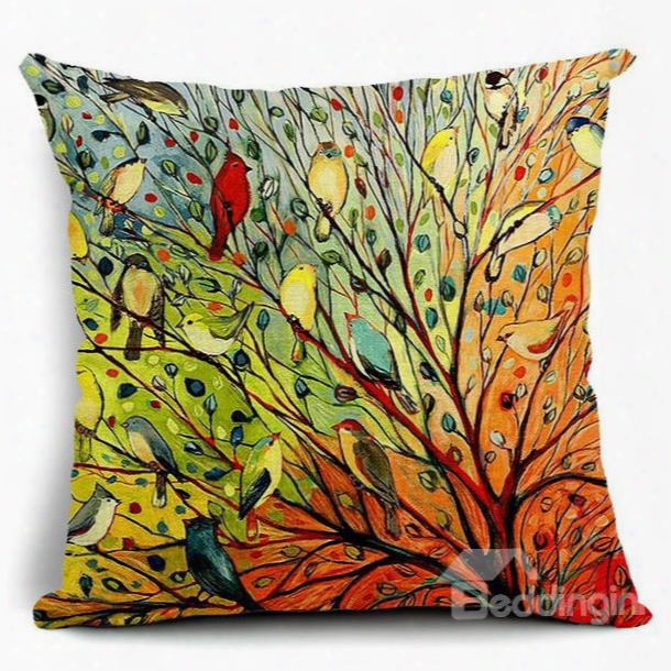 Oil Painting Hundreds Of Birds Cotton Linen Throw Pillow