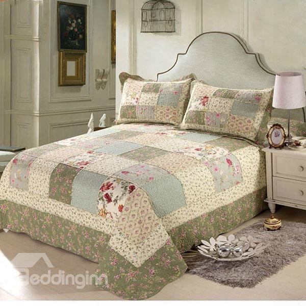 Pastoral-style Floral Prints Patchwork Cotton 3-piece Shallow Green Bed In A Bag
