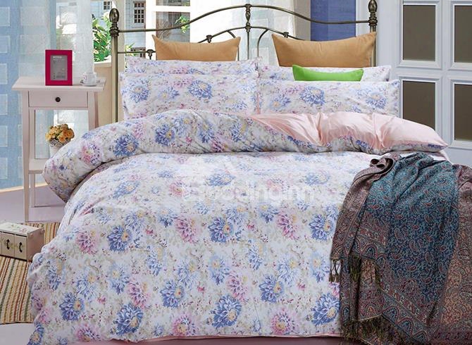 Pink Blue Rose Print Graceful 4-piece Cotton Duvet Cover Sets