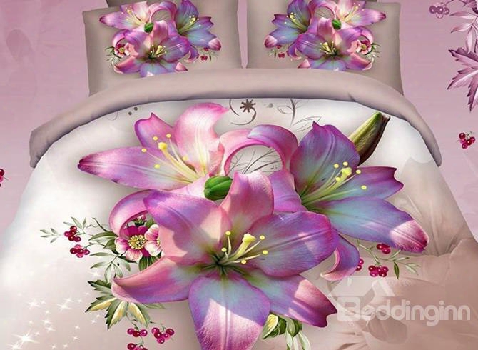 Pink Lily 3d Printed Cotton 4-piece Bedding S Ets/duvet Covers