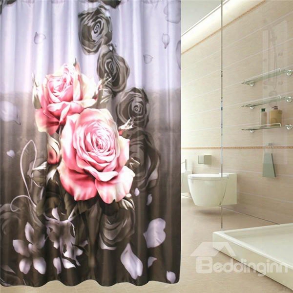 Pink Roses Pattern Polyester Waterproof And Eco-friendly 3d Shower Curtain