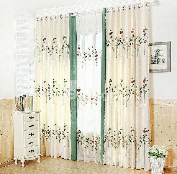Refreshing Countryside Style Embroidery Art Grommet Top Curtain And Sheer